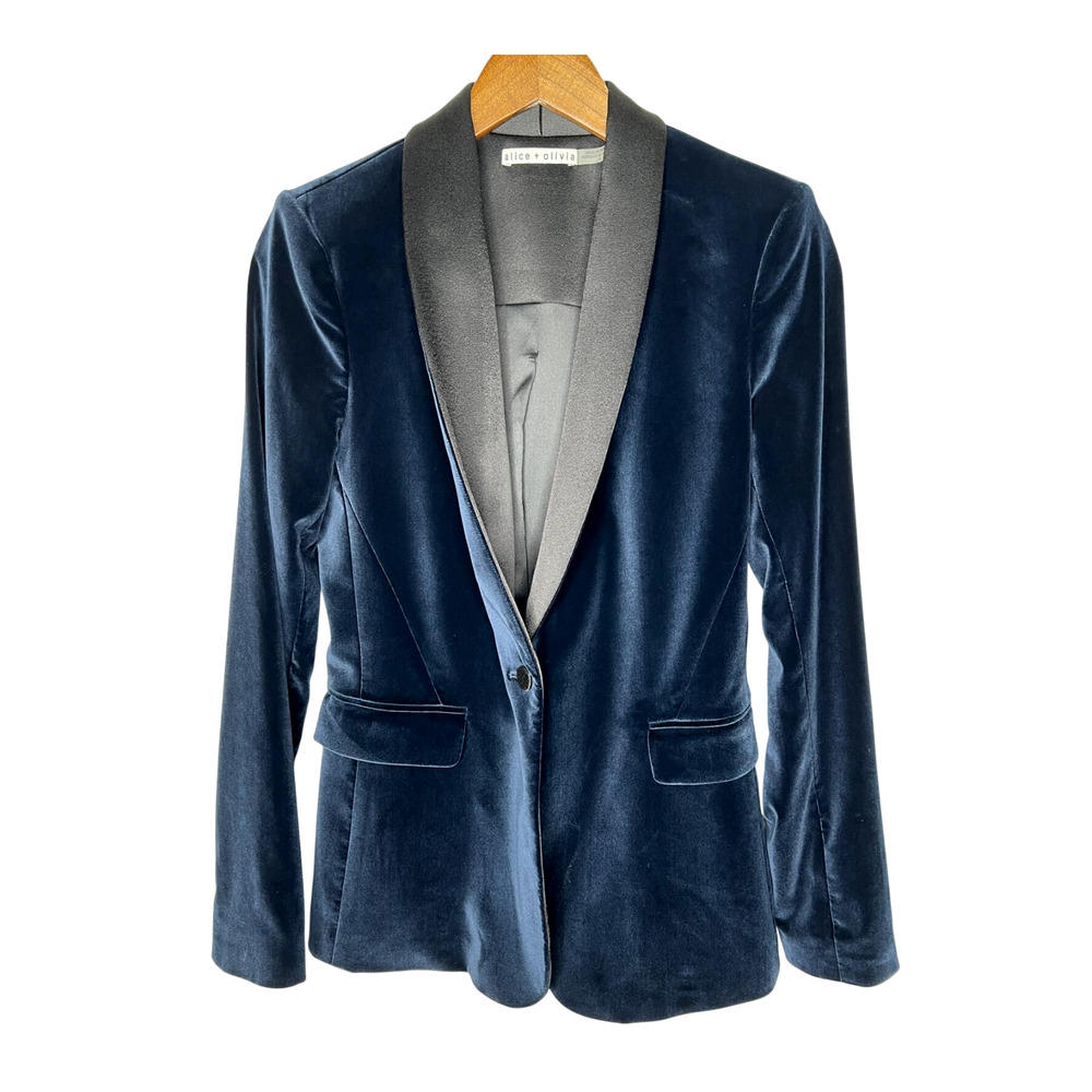 Alice+Olivia 2 Velvet Tuxedo Blazer $550 Navy Blue Black Satin Collar Jacket NWT - Picture 4 of 10
